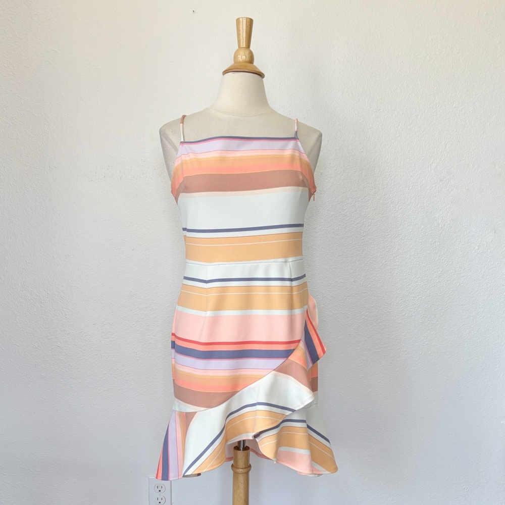 Bar III Multicolor Striped Spaghetti Strap Ruffle Hem Dress